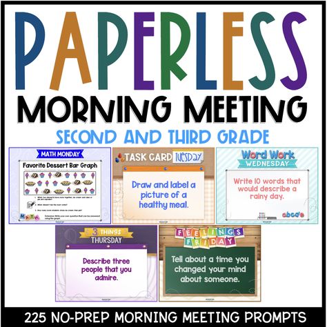 This is a set of 225 Paperless Morning Meeting Slides from Education to the Core for 2nd and 3rd grade. 225 Morning Meeting Slides: 45 Math Monday Slides Class Pledge, Morning Meeting Slides, Second Grade Classroom, Book Reviews For Kids, Higher Level Thinking, Morning Meetings, Calendar Time, Google Meet, Second Grade Teacher