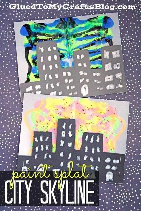 Paint Splat City Skyline Silhouette - Kid Craft - Glued To My Crafts Hollywood Crafts, Superhero Week, Multicultural Night, Paper Crafts For School, Crafts For School, Prek Crafts, Disney Activities, Building Crafts, City Skyline Silhouette