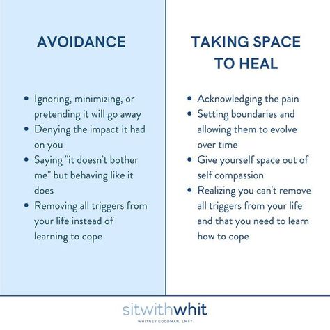 whitney goodman lmft on Instagram: "Avoiding emotional pain is a pretty typical coping skill. It feels good in the short term and makes us feel safe. Unfortunately, emotions alway show up, no matter how hard we try to push them away. If your family/a relationship/a job/a city is toxic and you need to take space, that’s ok. Taking space means putting yourself first and working on YOU. It’s taking control of your healing and prioritizing your wellbeing. Space can be permeant or not, that’s your Wellbeing Space, Space In A Relationship, Coping Skill, Mental Health Therapy, Relationship Psychology, Emotional Awareness, Therapy Worksheets, Cognitive Behavioral Therapy, Feel Safe