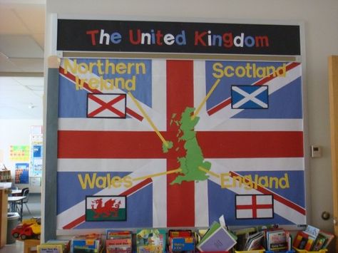 Simple United Kingdom display showing the different countries and their flags. United Kingdom School Project, British Values Display, London Theme Parties, Primary Classroom Displays, Ks1 Classroom, Year 1 Classroom, British Values, English Day, London Theme