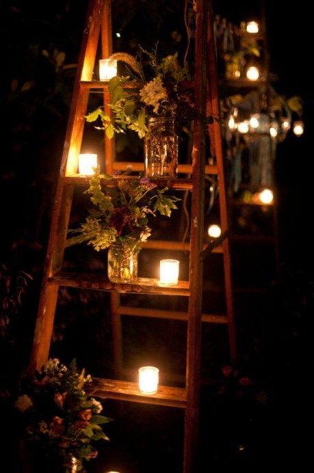 Outdoor wedding lights Candles And Flowers, Old Ladder, Deco Floral, Outdoor Party, Wedding Lights, Wedding Themes, Backyard Wedding, Country Wedding, Romantic Wedding