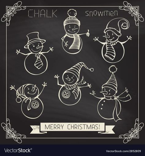 Set of chalk snowmen vector image Winter Chalkboard Ideas, Christmas Cave, Christmas Chalk, Painted Window Art, Chalkboard Doodles, Winter Art Lesson, Blackboard Art, Christmas Window Painting, Chalkboard Drawings