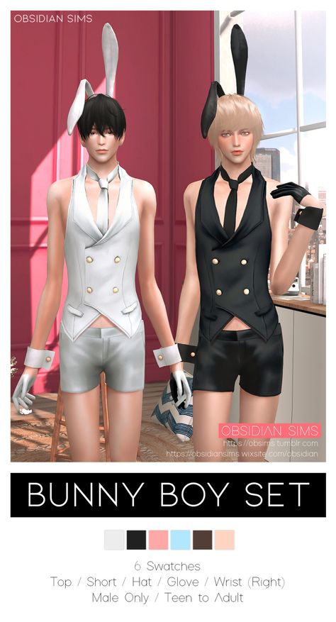 ✥ Bunny Boy Set✥ Top + Short + Glove + Hat + Wrist... - 「 OBSIDIAN 」 Sims 4 Cc Bunny Suit, Sims 4 Cc Femboy Clothes, Sims 4 Cc Femboy, Sims 4 Femboy Cc, Boy Sims 4 Cc, Playboy Bunny Outfit, Playboy Bunny Outfits, Sims 4 Male, Sims 4 Men Clothing