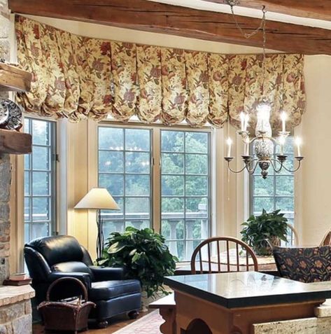 Valance Ideas for Bay Windows and Bow Windows Bay Window Valance Ideas, Curtain Ideas For Bay Windows, Ideas For Bay Windows, Diy Bay Window, Bow Window Treatments, Bow Windows, Living Room Bay Window, Valance Ideas, Kitchen Window Valances