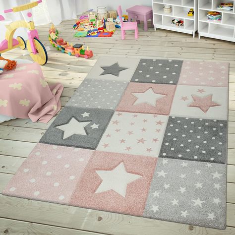 Paco Home Kids Rug for Nursery Checkered with Dots & Stars in Pink White Grey, Size: 6'7" x 9'6" Rug For Nursery, Nursery Carpet, Polypropylene Rug, Play Rug, Kids Rug, Childrens Rugs, Pink Nursery, Shared Rooms, Nursery Rugs