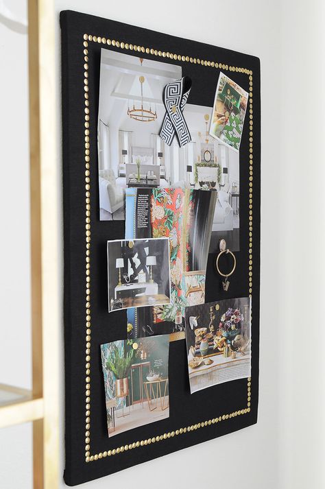 Use common dollar store supplies to make a chic and functional cork board. Love the black linen and gold nailhead border, and the tutorial is so detailed! Totally making one. Memo Board Ideas, Diy Memory Board, Diy Cork Board Ideas, Cork Board Makeover, Painted Cork Board, Cork Board Ideas, Diy Pin Board, Black Cork Board, Large Cork Board