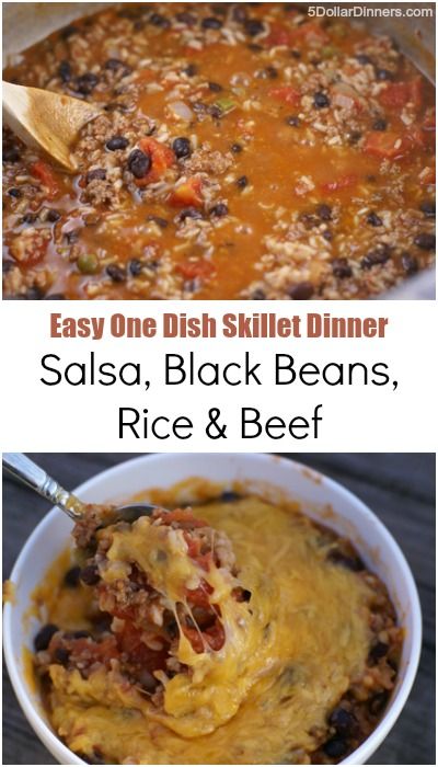 Salsa, Black Beans, Rice & Beef ~ Easy One Dish Skillet Dinner | 5DollarDinners.com Budgeting Meals, Supper Casseroles, Pie Vegetarian, Crowd Food, Black Beans Rice, Beef Skillet, 5 Dinners, Frugal Cooking, Skillet Dinner Recipes