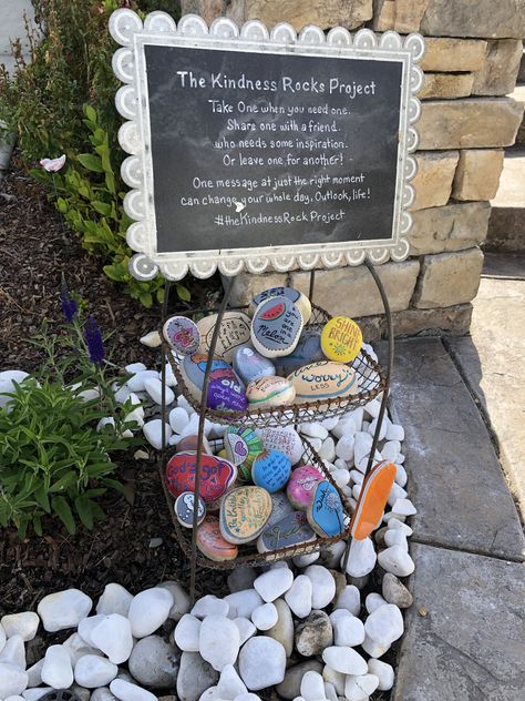 Inspirational Rock Garden, The Kindness Rocks Project, Community Rock Garden, Kindness Garden Rocks, Kindness Rocks Garden, Displaying Painted Rocks, School Rock Garden, Rock Garden For Kids, Rock Garden Signs Cute Ideas