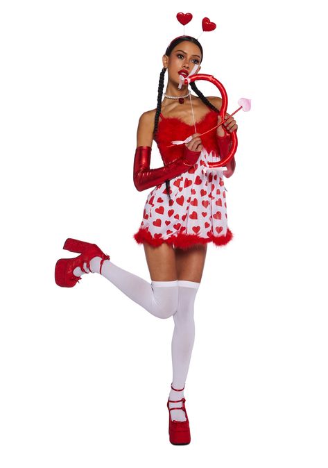 cuz I'm ready to fall in luv. This costume includes a mini dress with a marabou bust and hem, a heart print all over, clear vinyl fingerless gloves, a heart antennae headband, wings, and a lil bow and arrow to complete the look. Minnie Mouse Costume For Women Pink, Hot Nerd Halloween Costumes, Plus Size Cupid Costume, Cupid Costume Black Women, Cute Women’s Halloween Costumes, Easy Cupid Costume, Love Letter Costume, Classy Costumes For Women, Costume Inspo Women