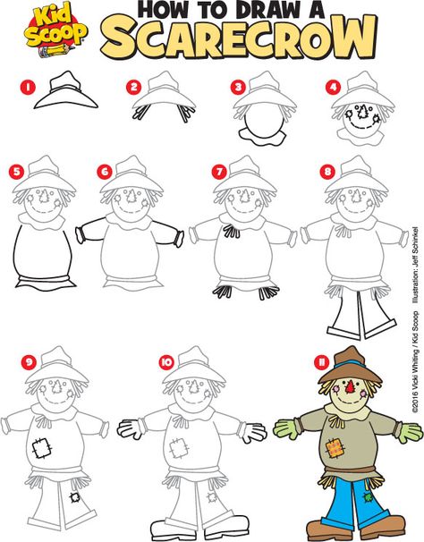 How to Draw a Scarecrow | Kid Scoop How To Draw A Scarecrow Step By Step, Easy Scarecrow Drawing, How To Draw A Scarecrow, Bujo Autumn, Halloween Scenery, Scarecrow Pictures, Directed Drawing Kindergarten, Scarecrow Drawing, Peace Sign Art Hippie