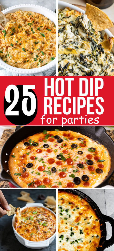 Photo collage of hot dip recipes for parties. Dip Recipes Oven, Hot Dip For Party, Hot Holiday Dips, Dip For Tostitos, Hot Dip Recipes For Parties, Best Hot Dip Recipes, Dip For Party Crowd Pleasers, Best Dip Appetizers, Potluck Dips Crockpot