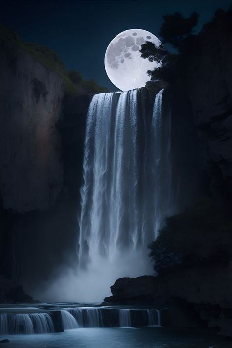 Night Waterfall, Moon Paintings, Walk In The Forest, Waterfall Pictures, Romantic Story, Forest Waterfall, Pixel Art Background, Water Aesthetic, Canvas Art Projects