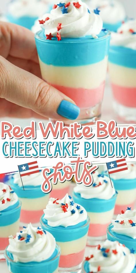 Red White and Blue Pudding Shots are perfect for the Fourth of July! Made in minutes using instant pudding, half and half, vodka, and food coloring. Fourth Of July Boozy Treats, Red White And Blue Pudding Shots, Patriotic Pudding Shots, Superman Pudding Shots, Cheesecake Pudding Shots Alcoholic, Bomb Pop Jello Shots Recipes, Red White And Blue Brownies, 4th Of July Pudding Shots, Alcoholic Candy Recipes