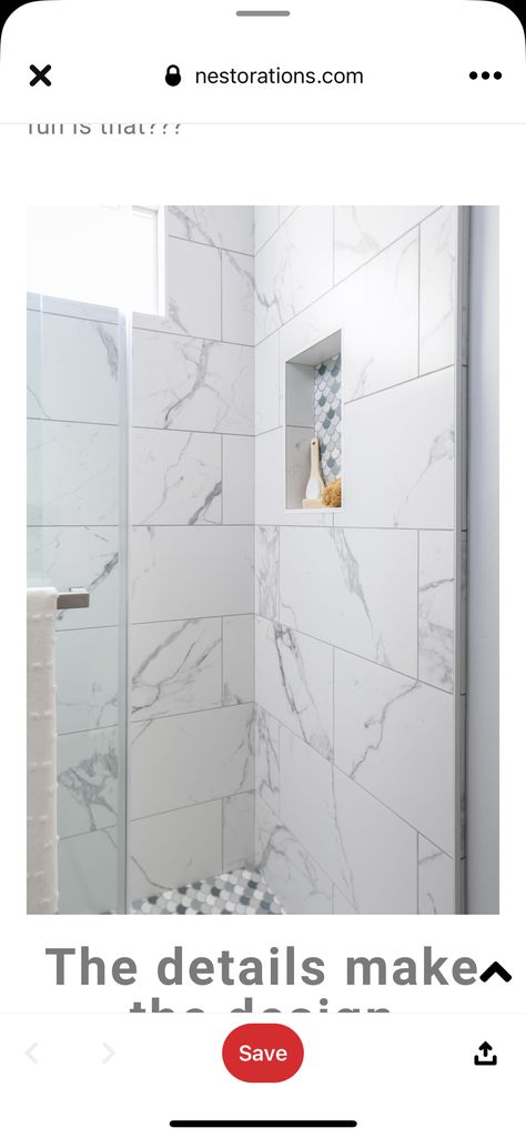 Carrara Tile Shower Wall, Marble Shower Niche Ideas, Porcelain Marble Tile Bathroom Showers, Shower Niche Accent Tile, Porcelain Shower Wall Tile, Blue And White Bathroom Tile Ideas, Marble Tile Shower Walls With Accent, Bathroom With Porcelain Tile, Marble Look Porcelain Tile Bathroom Shower Walls