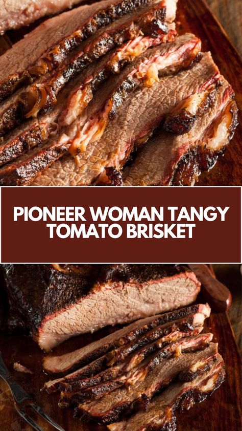 Pioneer Woman’s Tangy Tomato Brisket is made with beef brisket, ketchup or chili sauce, dry onion soup mix, and a touch of hot sauce slow-roasted for 6 hours to perfection! Pioneer Woman Brisket Recipes, Pioneer Woman Brisket Oven, Oven Roasted Brisket The Pioneer Woman, Pioneer Woman Beef Brisket, Brisket Recipes Oven The Pioneer Woman, Oven Brisket Recipes Pioneer Woman, Brisket Dutch Oven Recipes, Christmas Brisket Recipes, Beef Brisket Recipes Oven