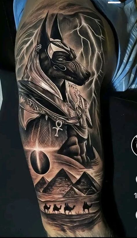 Anubis Half Sleeve Tattoo, Tattoo Ideas Anubis, Egyptian Shoulder Tattoo, Anubis Sleeve Tattoo, Egyptian Leg Sleeve, Anubis Tattoo Stencil, Anubis Tattoo Design Ideas, Arm Sleeve Tattoos For Guys, Inside Lip Tattoos