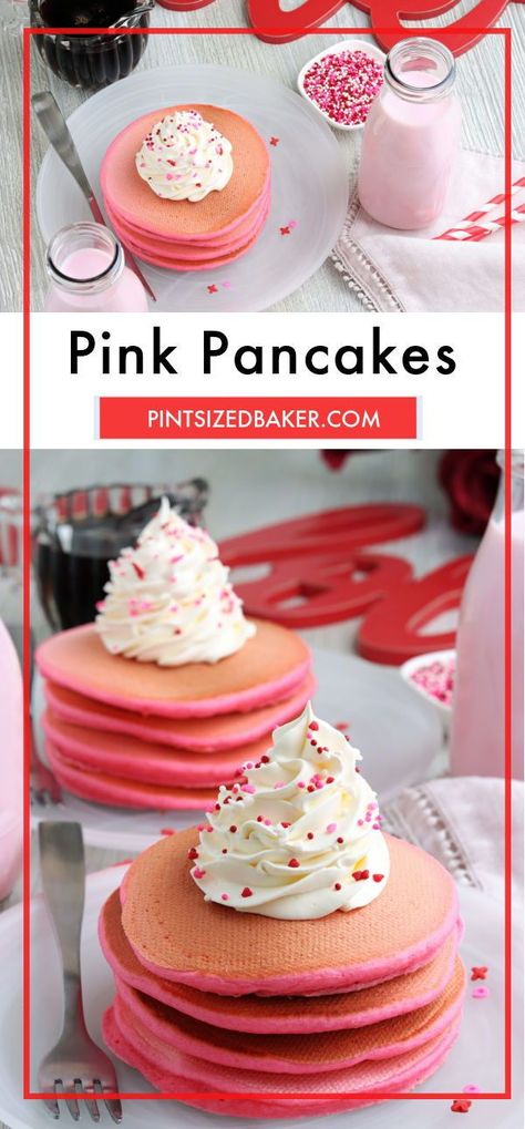 The kiddos are going to love these fun Pink Pancakes! They are so pretty and perfect for someone you love. Top them with whipped cream, fruit, sprinkles, or simply syrup. They are the perfect way to celebrate. Pink Heart Pancakes, Food Coloring Pancakes, Pink Pancakes Recipe, Princess Pancakes, Pink Food Board, Pink Food Ideas, Grad Brunch, Pink Recipes, Barbie Night