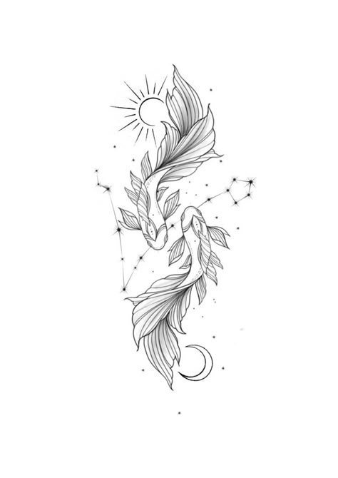 Co Fish Tattoo, Yin Yang Koi Fish Spine Tattoo, Picese Tattoo Ideas, Pieces Fish Tattoo, Pisces Arm Tattoos For Women, Pisces Hip Tattoo, Tattoo Ideas Female Pisces, Unique Pisces Tattoos For Women, Two Koi Fish Tattoo Design