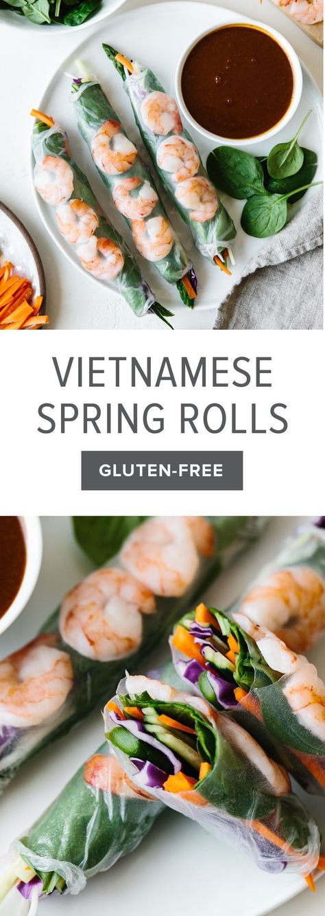 Vietnamese spring rolls filled with shrimp, spinach and vegetables and served with an almond butter dipping sauce. They're the perfect light and healthy recipe. #springrolls #vietnamesespringrolls #springrollrecipe #springrollswithpeanutsauce Butter Dipping Sauce, Healthy Spring Rolls, Shrimp Spinach, Steamed Shrimp, Vietnamese Spring Rolls, Spring Roll Recipe, Photo Food, Fish Recipes Healthy, Healthy Fish