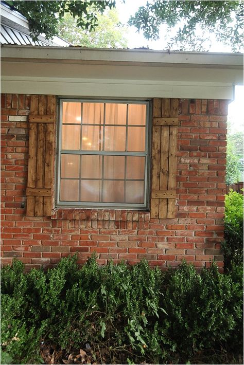 How to build wood shutters-click through for instructions_0015 Wooden Shutters Exterior Brick House, Brick House Cedar Shutters, Wood Shutters Brick House, Brick House Wood Shutters, Red Brick Wood Shutters, Shutters On Red Brick House, Raw Wood Shutters Exterior, Brick Whitewash, Cabin Shutters