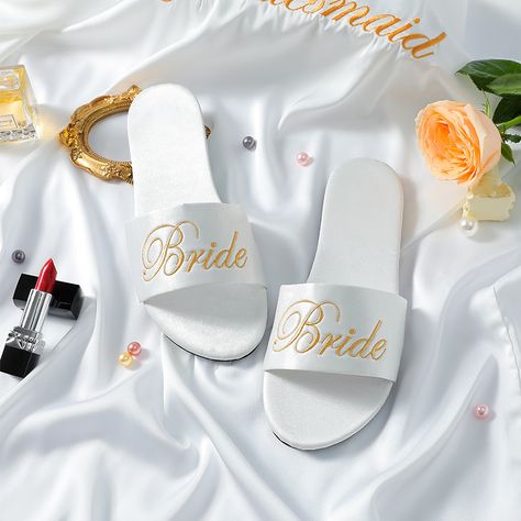 Wedding Morning Robe, Embroidery Slippers, Bride Sandals, Satin Slippers, Bridesmaid Slippers, Bridal Slippers, Bride Slippers, Simple Bride, Wedding Slippers