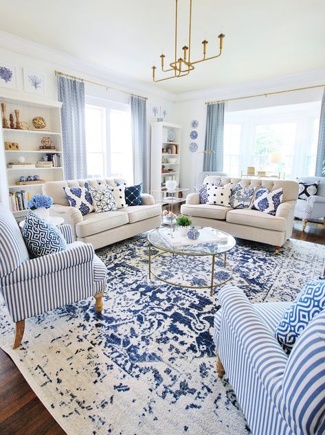 Blue Rugs In Living Room, Navy Blue Rug Living Room, Navy Curtains Living Room, Blue And Beige Living Room, White And Blue Living Room, Living Room Blue And White, Blue Living Room Rug, Blue Curtains Living Room, Blue White Rug