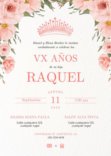 Invitación Virtual Quinceañera XV Floral Rosa Princesa Tiana, Floral Rosa, Quince, Canvas, Floral