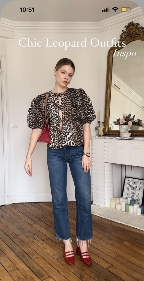 Red Blouse And Jeans Outfit, Leopard Print Shoes Outfit Work, Leopard Print Jeans Outfit Street Style, Red And Leopard Outfit, Animal Print Blouse Outfit, Animal Print Shirt Outfit, Leopard Blouse Outfit, Animal Print Shoes Outfit, Leopard Flats Outfits