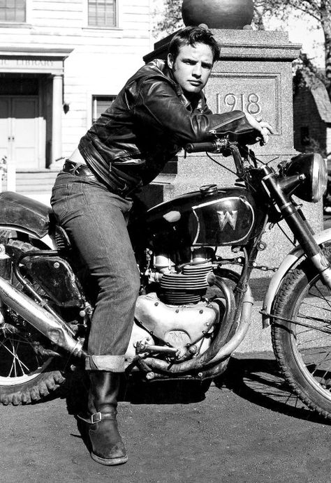 Marlon Brando on the set of ‘The Wild One’, 1953. Don Vito Corleone, The Wild One, Man Sitting, Marlon Brando, Ex Machina, Vintage Motorcycles, Vintage Motorcycle, Wild One, Classic Motorcycles