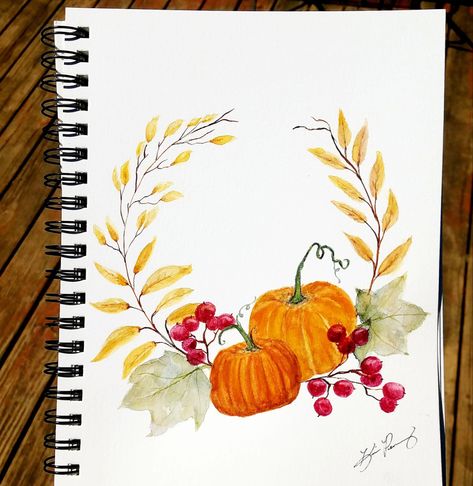 Painted Wreath, Watercolor Thanksgiving, Doodling Art, Pumpkin Watercolor, Create Happiness, Watercolour Inspiration, Watercolor Projects, Fall Watercolor, Watercolor Flower Art