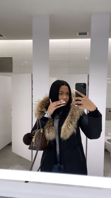 Winter Jackets Black Women, Baddie Coat Outfit, Winter Coat Black Women, Mackage Coat Outfit Black Women, Mackage Coat, Black Women In Fur Coats, Mackage Jacket, Fur Coat Aesthetic Black Woman, Cold Outfits