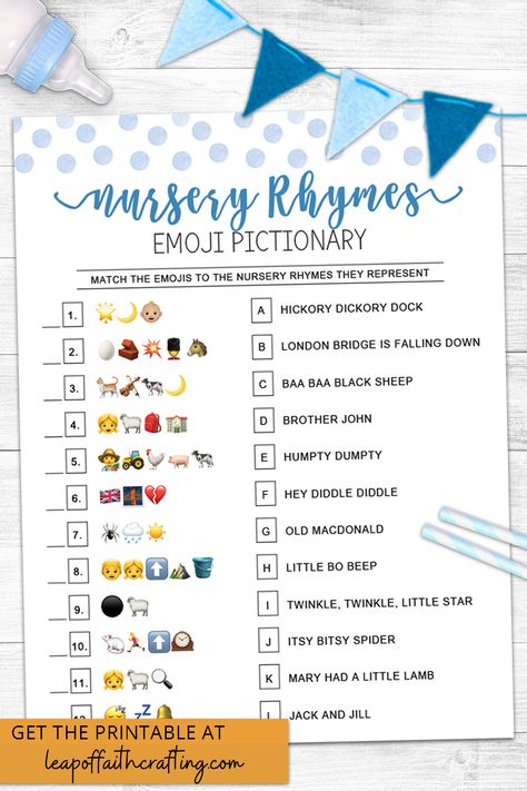 Instant download of a nursery rhyme emoji game printable to print at home! Four different design options to choose from. Free Nursery Rhymes, Nursery Rhyme Game, Nursery Games, Dog Baby Shower, Emoji Quiz, Emoji Game, Baby Shower Games Unique, Emoji Pictionary, Baby Shower Party Games