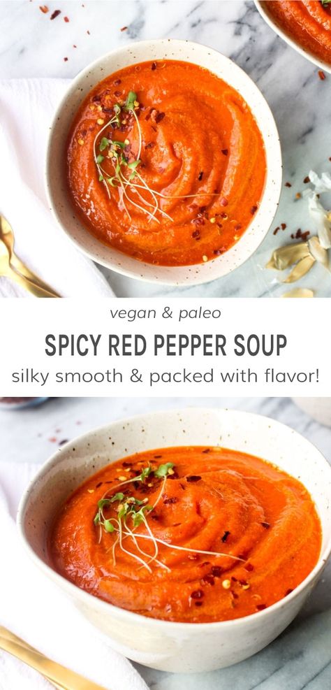 Spicy Roasted Red Pepper Soup is on the table on 35 minutes! This paleo and vegan recipe is hearty, creamy, and sweet & spicy. Roasted red peppers add so much flavor! #roastedredpepper #redpeppersoup #paleosouprecipe #vegansouprecipe | DarnGoodVeggies.com Roasted Red Pepper Soup, Red Pepper Soup, Paleo Soup, Pepper Soup, Vegan Soup Recipes, Roasted Red Pepper, Vegan Soups, Stuffed Pepper Soup, Paleo Dinner