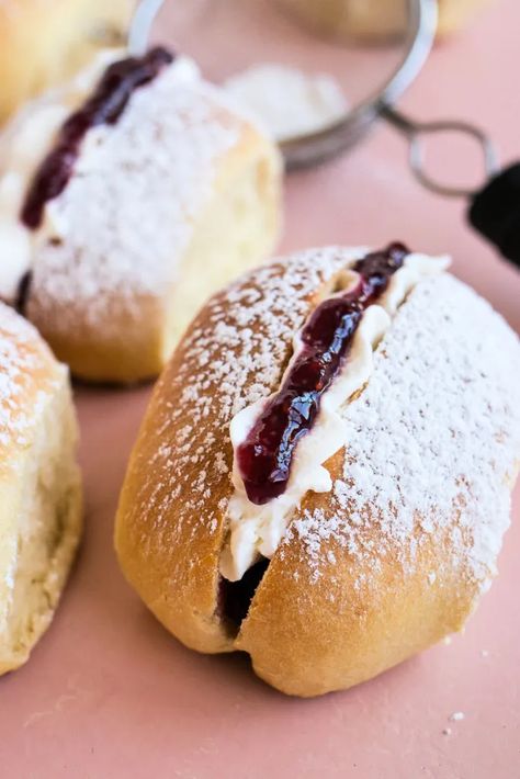 Devon Split Buns, Full Loaded Cream And Jam Donuts Recipe, Homemade Bread Buns, Victoria Sandwich Cake, Jam Donut, Cream Bun, Donut Filling, Fresh Whipped Cream, Baking Buns