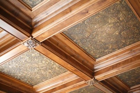 How To Create A Vintage Ceiling: 3 Ways And 20 Ideas | DigsDigs Wallpaper Coffered Ceiling, Wooden Ceiling Ideas, Coffered Ceiling Ideas, Wood Coffered Ceiling, Waffle Ceiling, Coffer Ceiling, Vintage Tin Ceiling Tile, Coffered Ceiling Design, Ceiling Paper