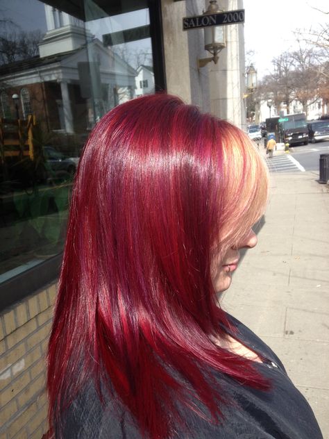 Love this color #blonde bangs with red and purple highlights. Red Purple And Blonde Hair, Red Hair With Pink And Purple Highlights, Red Into Purple Hair, Red And Purple Highlights, Purple Based Red Hair, Balayage Hair With Bangs, Purple Balayage Hair, Vibrant Red Purple Hair, Purple Balayage