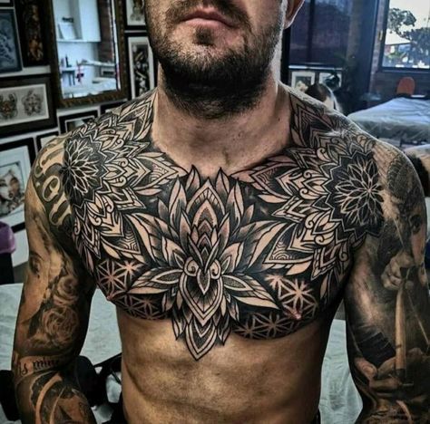 Mandala Chest Tattoo, Tato Mandala, Full Chest Tattoos, Small Wave Tattoo, Chest Tattoo Ideas, Tattoo Chest, Full Tattoo, Men Tattoos, Tattoo Inspiration Men