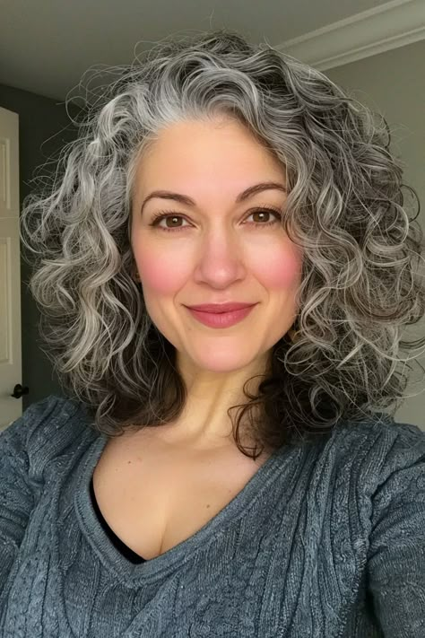 25 Examples of Transitioning to Gray Hair That'll Make You Want To Ditch the Dye - Flo's Blog Naturally Curly Grey Hair Going Gray, Curly Hair Going Grey, Growing Out Gray Hair Blending Curly, Best Products For Gray Curly Hair, Gray Money Piece Hair Brunette, Growing Out Gray Hair From Brown, Grey Hair Growing Out, Growing Out Grey Hair Transition, Gray Curly Hair Natural Curls