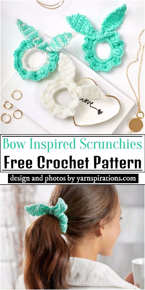 If you are in a hurry and you want to go to a party, and you have no time for hairstyle, then this Bow Inspired Scrunchies Crochet Pattern is valid for you. Tie up your hair in a stylish touch with this crochet bow pattern that is easy to make and beginner-friendly! Crochet Bows Free Pattern, Funky Hair Accessories, Scrunchies Crochet, Crochet Bow Pattern, Red Heart Super Saver Yarn, Crochet Bow, Crochet Hair Clips, Scrunchies Diy, Crochet Bows