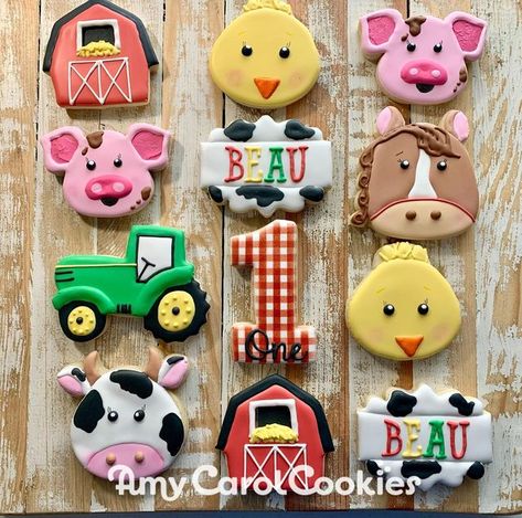 1st Birthday Boy Themes, Farm Birthday Cakes, Cowboy Themed Birthday Party, Thankful To God, First Birthday Cookies, Farm Cookies, Decorative Cookies, Theme Cookies, Farm Theme Birthday