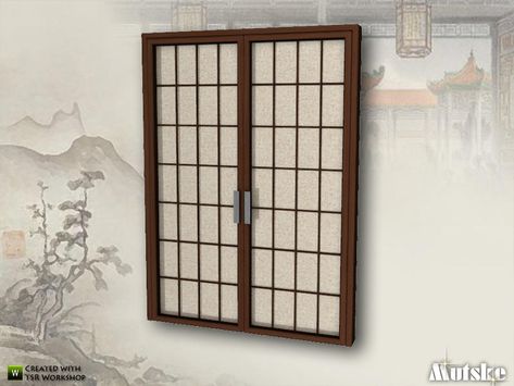 Asian style door. Made by Mutske@TSR.  Found in TSR Category 'Sims 4 Doors' Sims 4 Japanese Decor, Japanese House Decor, Sims 4 Japanese House, Asian Doors, Ts4 Medieval, Japanese Room Divider, Japanese Exterior, Japan Furniture, Zen Furniture