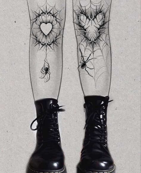 Tattoo Creepy Cool Tattoos, Goth Style Tattoo, Alt Leg Tattoos, Punk Knee Tattoo, Blackwork Knee Tattoo, Stars On Knees Tattoo, Tattoo For Knee, Heart Spiderweb Knee Tattoo, Creepy Knee Tattoos