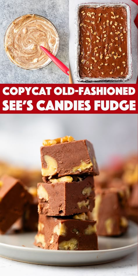 Old-Fashioned Copycat See's Candy Fudge Recipe - rich homemade chocolate fudge made with semi sweet chocolate chips and marshmallow creme. A copycat See's Fudge recipe just like grandma used to make. See’s Fudge Recipe, Sees Candy Fudge Recipe, See’s Candy Fudge Recipe, Semi Sweet Chocolate Chip Recipes, See's Candy Fudge Recipe, Mackinac Fudge, Sees Fudge Recipe, Old Fashion Fudge Recipes, Christmas Fudge Recipes