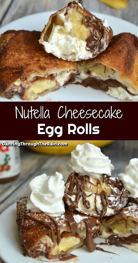 These Nutella Cheesecake Egg Rolls are the perfect dessert rollup that you can make for any occasoin! With a delicious cheesecake filling, bananas, creamy nutella and a crisp egg roll wrapper, how could you go wrong? #nutellabananarecipes #nutellacheesecakerecipes Dessert Egg Rolls Recipe, Dessert Egg Rolls, Sweet Breakfast Ideas, Nutella Food, Diy Lunchables, Cherry Jam Recipes, Nutella Recipes Easy, No Egg Desserts, Nutella Desserts