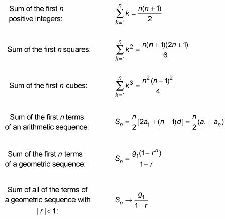 Using Algebra to Find the Sums of Sequences    Algebra can help you add a series of numbers (the sum of sequences) more quickly than you would be able to with straight addition. Adding integers, squares, cubes, and terms in an arithmetic or geometric sequence is simple with these algebraic formulas: Geometric Sequence, Math Cheat Sheet, Arithmetic Sequences, Adding Integers, Sequence And Series, College Math, Geometric Series, Algebra Equations, Learning Mathematics