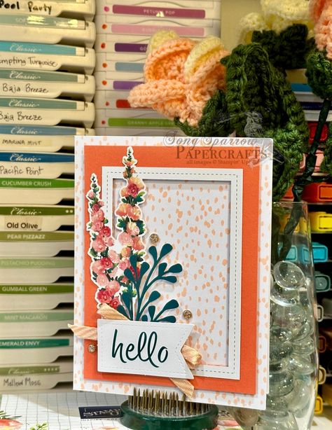 Song Sparrow Papercrafts – Making paper sing Stampin Up Hello Hollyhocks Kit, Stampin Up Hollyhocks, Hollyhock Cards, Stampin Up Kits, Cardmaking Techniques, Song Sparrow, Hello July, Pretty Pumpkins, Hand Crafted Cards