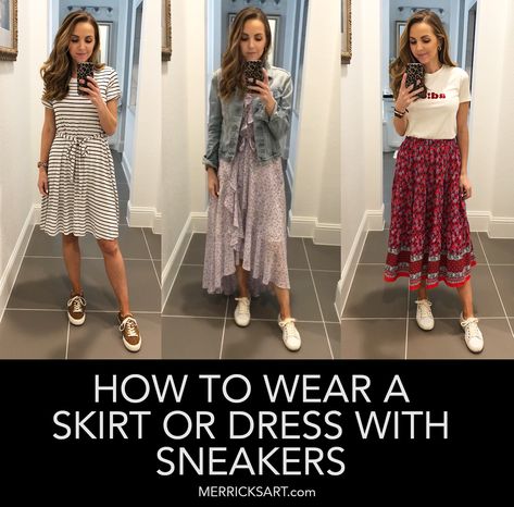 How to wear sneakers and dresses together Sneakers With Skirts And Dresses, Dresses To Wear With Converse, Sneakers Fashion Dress, Office Dress With Sneakers, How To Style Dresses With Sneakers, Tennis Shoe Dress Outfit, Dresses Tennis Shoes Outfits, A Line Dress With Sneakers, Long Skirt With Tennis Shoes