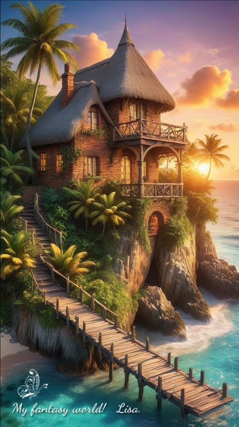 Fantasy Beach House, Fantasy Beach, Island Beach House, Cellphone Background, Beach Village, Slide Background, Beach House Art, Minecraft Inspo, Building Concept