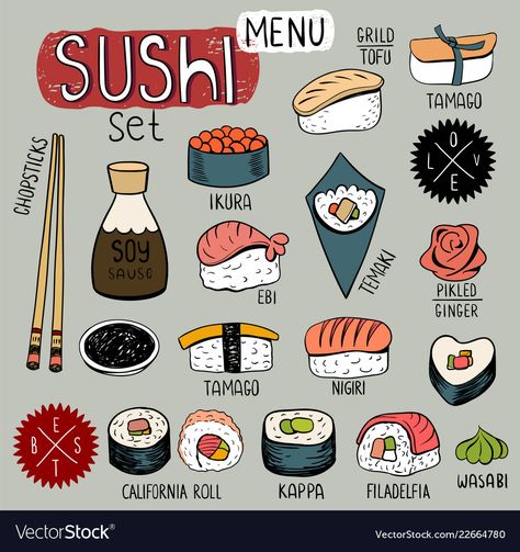 Sushi Drawing, Noodle Doodle, Doodle Illustrations, Japanese Food Illustration, Japanese Food Sushi, Sushi Menu, Food Sushi, Sushi Design, Food Doodles