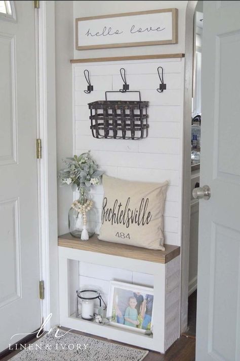 A small entryway can be made cozy and inviting with our custom city and  area code pillow. This fun and personalized decor detail makes the space feel extra special. Order one for your home or consider sending one as a housewarming gift for a friend. (photo: @littlehouseon100) Diy Farmhouse Ideas, Entryway Wall Decor, Small Entryways, Small Entryway, Home Entrance Decor, Entrance Decor, Personalized Decor, House Entrance, Small Decor